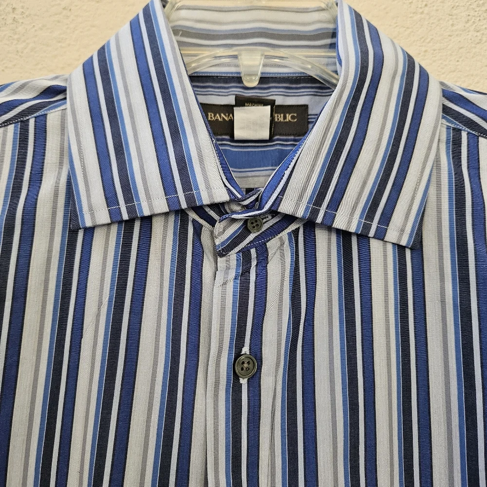 Banana Republic Men's Sz L Dusty Blue White Navy Stripe Button Up Shirt Long EUC